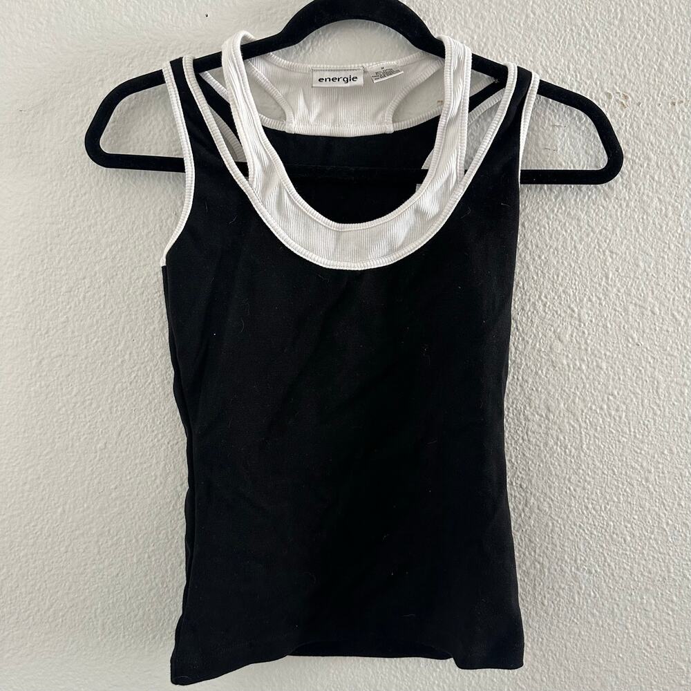 Y2k Energie Scoop Neck Layered Double Strap Tank Top Black White